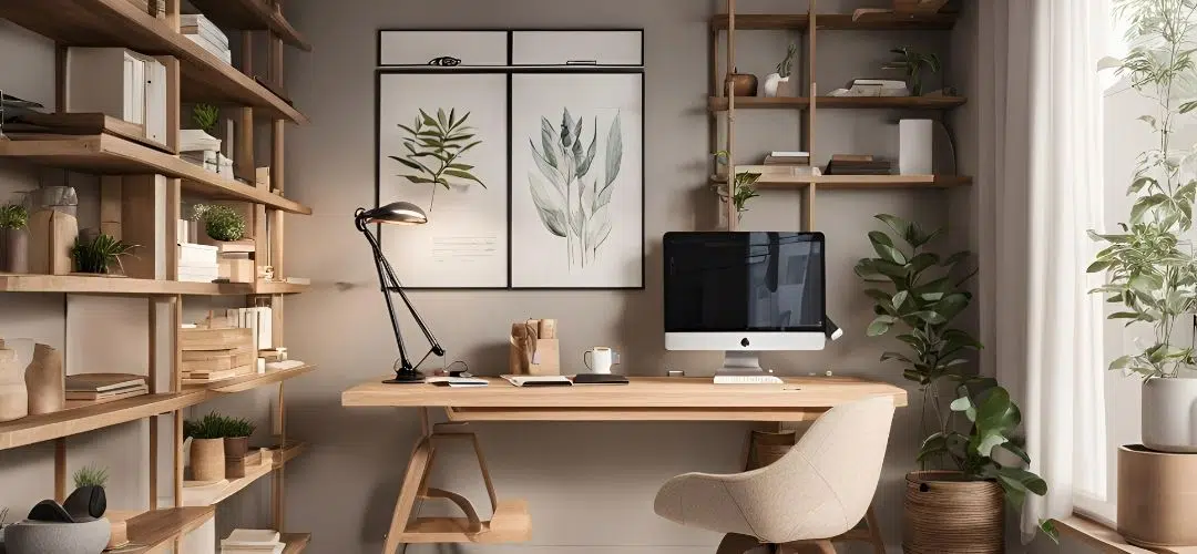 Home Office Deduction for Content Creators What You Can (and Can’t) Write Off (1) Minimalist home office with a light wood desk, black adjustable lamp, and computer, by open wooden shelving with small plants and books, botanical prints on the wall, and a cream chair, bathed in natural window light.