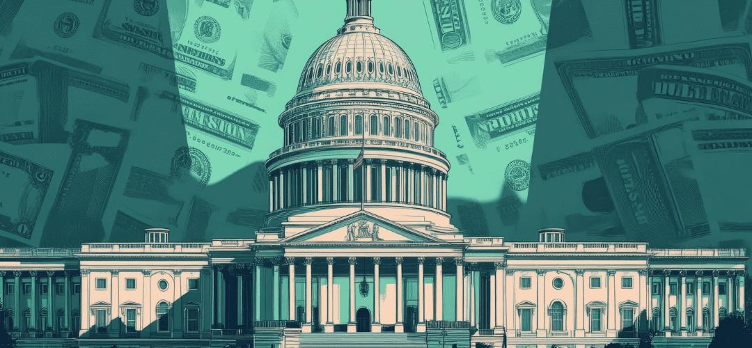 One Big Beautiful Bill A stylized illustration of the U.S. Capitol building set against a teal-toned background of oversized dollar bills, suggesting themes of government spending and legislation.