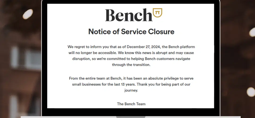 A laptop screen displays Bench's official Notice of Service Closure, announcing the bookkeeping platform would shut down on December 27, 2024, after 13 years of serving small businesses.