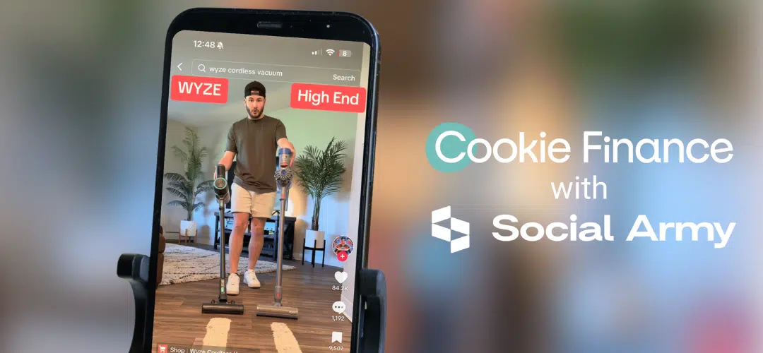 social army A smartphone on a stand displays a TikTok product comparison video featuring two vacuums labeled 'Wyze' and 'High End,' alongside the Cookie Finance and Social Army logos.